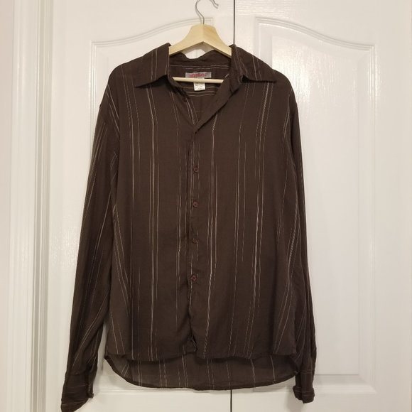 Vintage Brown Striped 100% Cotton Button Up Lightweight & Breathable Long Sleeve - Picture 2 of 9